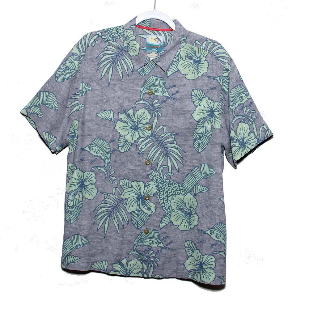 Tommy Bahama Silk Floral Marlin Camp Hawaiian Shirt Size Large Island Modern Fit